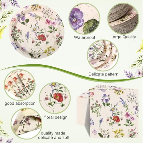 400 Pcs Wild Floral Disposable Paper Plates Napkins Cups Serve 50 Watercolor Floral Tableware Set for Spring Wedding Tea Party Decoration Bridal Shower Baby Shower (Fresh Color,Vivid Style) - Image 3