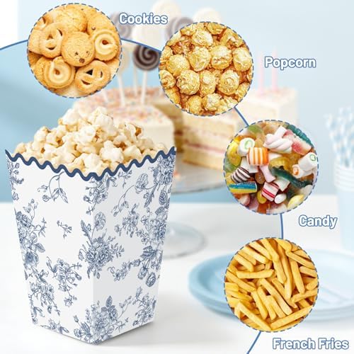 Kuabiz 60 Pcs Blue Floral Popcorn Boxes with Scalloped Chinoiserie Flowers Paper Candy Boxes Disposable Blue Popcorn Bowls Cookie Containers for Wedding Bridal Baby Shower Tea Spring Party Supplies - Image 4
