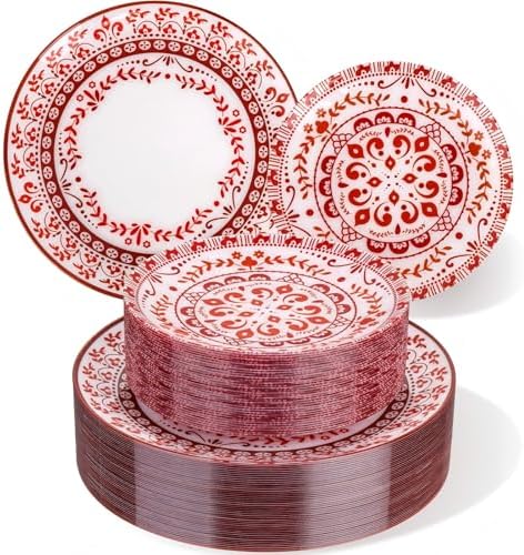 Hioasis Red Plastic Plates, Floral Disposable Plates, 60 Pcs for 30 Guests by Hioasis