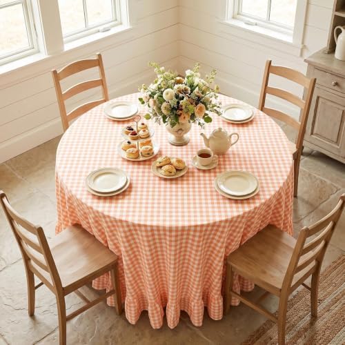 Eternal Beauty Gingham Ruffled Tablecloth Orange White 90 Round Halloween - Image 3