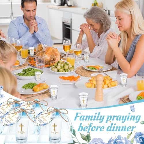 Funnymoom 50 Sets God Bless Shot Glasses Religious Party Favors for Guests Souvenir Baptism Cross Blue Floral Thank You Tags with Organza Bags Twine for Christening Celebration Baby Shower - Image 4