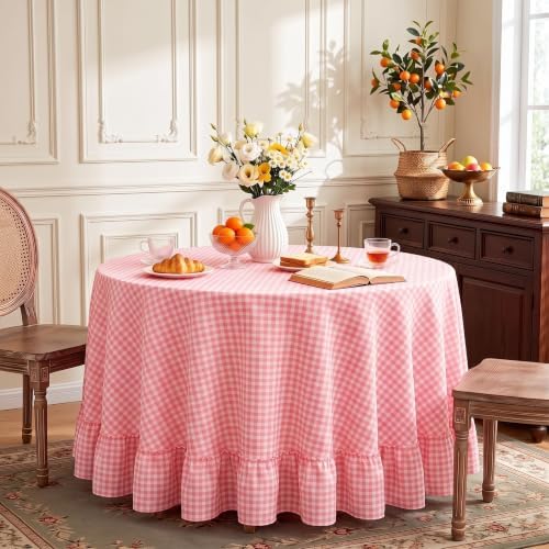 Eternal Beauty Gingham Ruffled Tablecloth Pink White 70 Round Farmhouse - Image 3