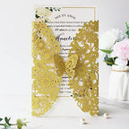 Hosmsua 5.12 x 7.3 Inch 50PCS Gold Laser Cut Lace Flora Butterfly Quinceanera Invitation Cards and Envelopes Customized Printed Invitations for Quinceañera Wedding Invite (Gold Glitter) - Image 2