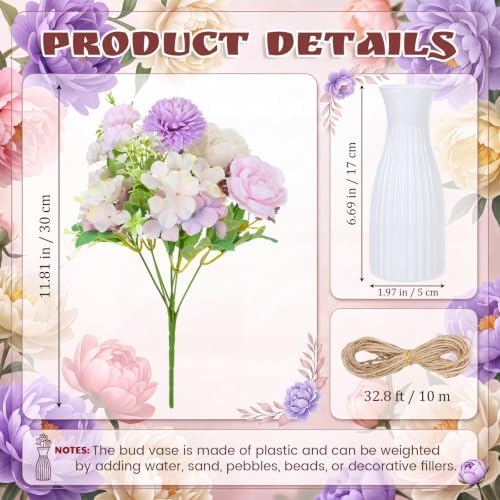 12 Set Artificial Hydrangea Peony Flowers with Vase, Purple - Image 2