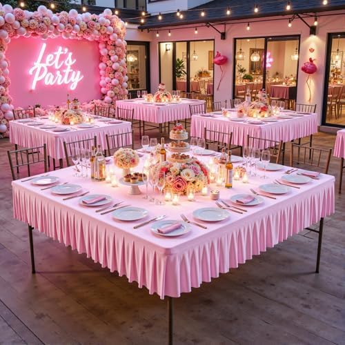 Wish Care Pink Spandex Tablecloths for 60x60 Inch Square Tables, Stretch Fitted Table Clothes with Pleated Ruffle Skirt for 60” Table, Wrinkle Free and Elastic, for Party Kitchen Home Dining - Image 3