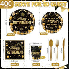Funnymoom 400 Pcs Happy Retirement Party Supplies for 50 Guest Black and Golden Disposable Plate Napkin Cup Fork for Retire Party Decoration Tableware Favor for Women Men(Black and Golden, Retirement) - Image 2