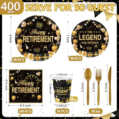 Funnymoom 400 Pcs Happy Retirement Party Supplies for 50 Guest Black and Golden Disposable Plate Napkin Cup Fork for Retire Party Decoration Tableware Favor for Women Men(Black and Golden, Retirement) - Image 2