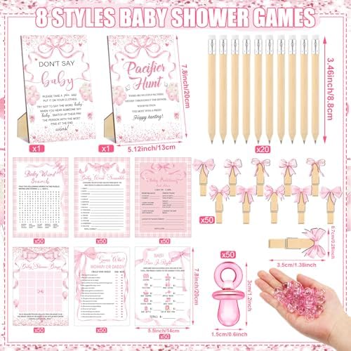 Sherr 424 Pcs Pink Bow Baby Shower Games Decorations, Set 8, 50 Pacifiers - Image 3