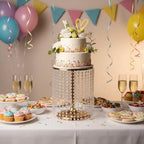 Wedding Cake Stand for Dessert Table 12 Inch Gold Crystal Pendants Metal Cake Stand Serves as A Round Dessert Cupcake Display Plate 16 Inch Tall (Gold) - Image 4