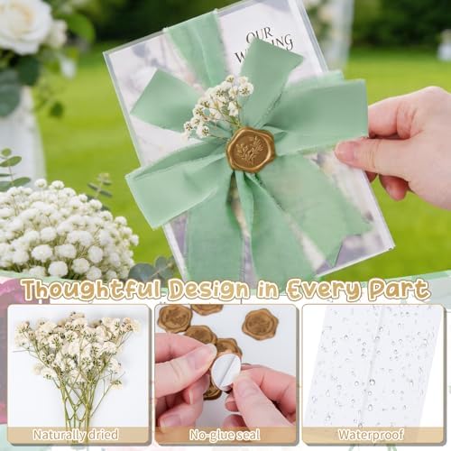 Hysagtek 50 Set Wedding Invitation Wrap Kit - Pre-Folded Vellum Jackets Bulk for 5 x 7 Invitations, Chiffon Ribbon Gold Wax Seal Stickers Dried Gypsophila for Bridal Invite Baby Shower DIY Craft - Image 4