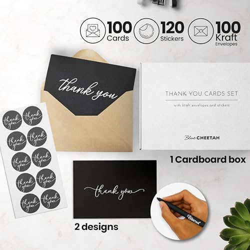 100 Pieces of Black Thank You Cards, Two Thank You Notes Designs, 4x6 Inch Thank You Card, Elegant Thank You Cards Baby Shower, Thank You Cards With Envelopes Bulk with 120 Stickers, Free Pen. - Image 2