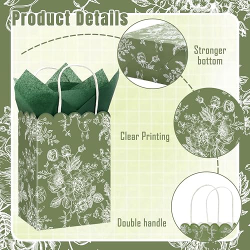 JarThenaAMCS 60Pcs Sage Green Wildflower Paper Gift Bag with Tissue Paper Chinoiserie Floral Treat Bags with Handles Candy Goodie Bags for Baby Shower Birthday Wedding Christmas Party Favors - Image 3