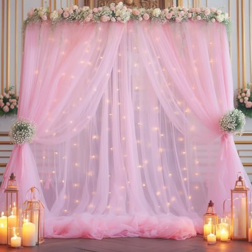 10×10ft Pink Tulle Backdrop Curtain with Lights String for Parties, Sheer Photo Curtain Backdrop Drapes for Wedding Party Photography Backgrounds - Image 6