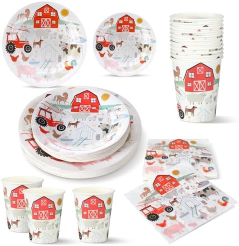 FoldTier 200 Pcs Farm Animal Theme Party Plates Set, Including 50 Pack 9 Inch and 7 Inch Farm Theme Paper Plates, 50 Disposable Napkins and 50 Paper Cups, Fit for Birthday Decorations, Baby Showers by FoldTier