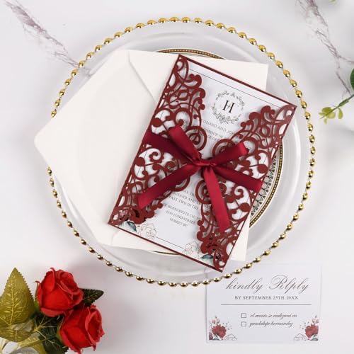 50pcs Blank Burgundy Wedding Invitation Cards Pocket with Envelope - Image 2
