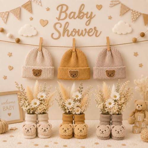 3 Set Baby Shower Table Decorations Bear Theme Socks Bulk with Dried Flower and Knit Hat for Photo Props Gender Reveal Table Centerpieces Baby Party Supplies Neutral Party Decor by Unknown