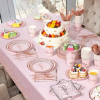 352 Pcs Pink and Rose Gold Birthday Party Supplies Severs 50 Guests Paper Plates Cups Napkins, Plastic Tablecloths Forks Knives Spoons Pink Disposable Dinnerware Set for Baby Shower Birthday Wedding - Image 6