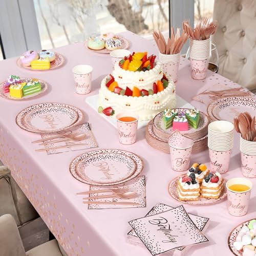 352 Pcs Pink and Rose Gold Birthday Party Supplies Severs 50 Guests Paper Plates Cups Napkins, Plastic Tablecloths Forks Knives Spoons Pink Disposable Dinnerware Set for Baby Shower Birthday Wedding - Image 6