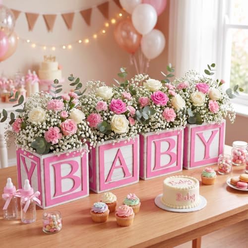 4 Set Pink Wooden Baby Boxes with Letters for Baby Shower Centerpieces - Image 6