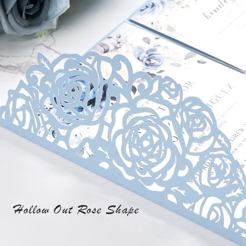 50PCS Baby Blue Laser Cut Wedding Invitation with Envelopes and Rsvp Cards - Image 5