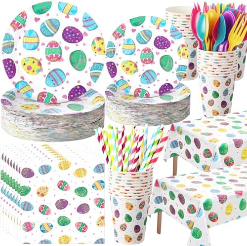 Funnymoom 452 Pcs Easter Party Supplies for 50, Colorful Easter Egg Paper Plates Napkins Cups Tablecloth Cutlery Straws Disposaable Tableware Set for Spring Birthday Baby Shower Party Decorations by Funnymoom