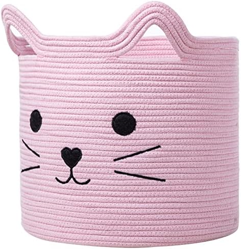 VK VK·LIVING Cat Toy Basket Cute Cotton Rope Animal Storage Pink Laundry Baskets for Toys, Clothes,Gifts,Towels, Blankets, Pet Bed Pink Laundry Hamper for Organizing 15''x14'' by VKVK%C2%B7LIVING