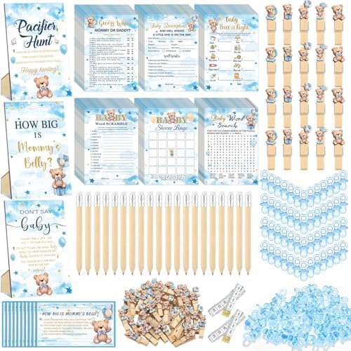 Sherr 476 Pcs Blue Bear Baby Shower Games, 9 Styles Baby Shower Activities by Sherr