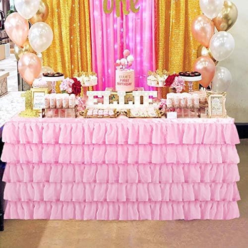 Jeloris Mermaid Tulle Table Skirt for Rectangle or Round Table Tutu Chiffon Tablecloth for Birthday, Baby Shower, Wedding, Party Decoration (Pink, L 9ft, H 30in) - Image 6