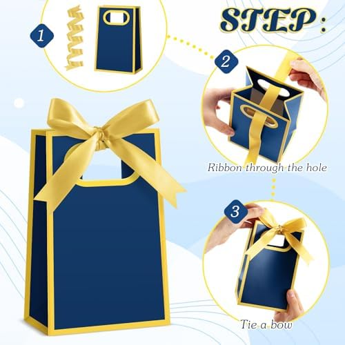 AmazingSpark 50 Pcs Navy Blue Gold Mini Gift Bags Bulk 6.3 x 3.9 x 2.8 Inch Party Favors Elegant Small Gift Bags with Handles and Ribbon Bows for Wedding Birthday Bridal Baby Shower Party Favors - Image 5