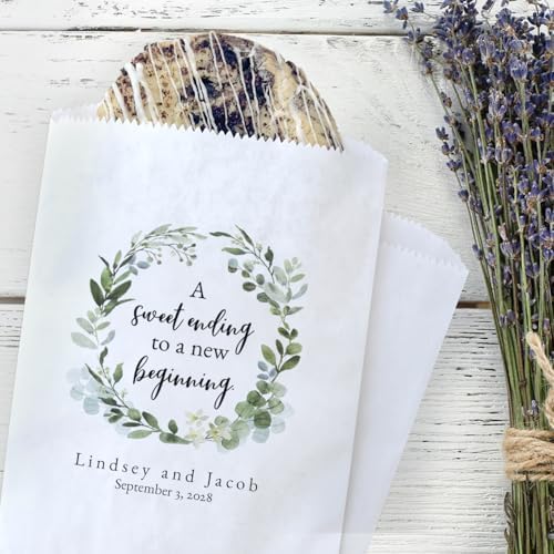 Canopy Street Personalized Greenery Wreath Treat Bags / 50 Custom Event Dessert Bags / 5 3/4" x 8" Watercolor Floral Cookie Holder Wedding Anniversary Favor/Made In The USA - Image 3