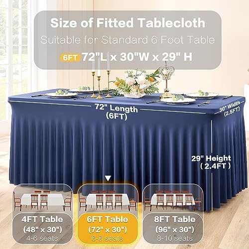 12 Pack Navy Blue Spandex Tablecloth for 6 Foot Rectangle Tables, Wrinkle Free Fitted Table Cloth Cover 6ft Blue Stretchy Tablecloths with Skirt for Parties Weddings Birthday Banquet Baby Shower - Image 5