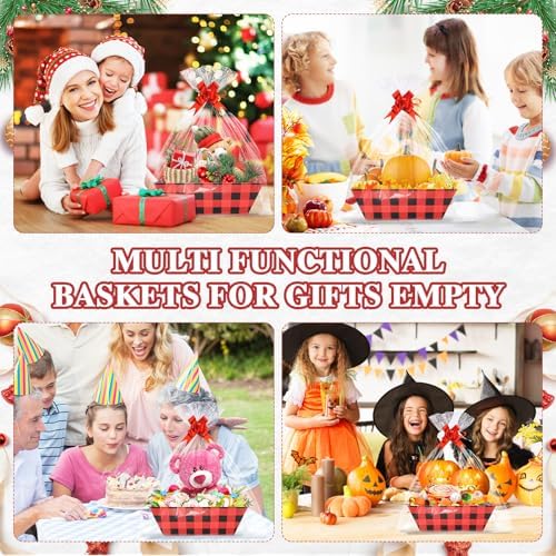AFOROEOA 10PACK Christmas Gift Baskets Empty, Baskets For Gifts Empty 10x12”Thick Gifts Basket with 10 Bows 10 Bags Gift Basket for Christmas Xmas Wedding Birthdays Party Wrapping （Red Plaid） - Image 7