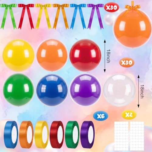 TaoBary 30 Set Rainbow Ceiling Hanging Decoration 22/18'' Colorful and Transparent Bobo Balloons Set with Satin Bows and Ribbons Bulk for Summer Back to School Birthday Wedding Party Decor - Image 4