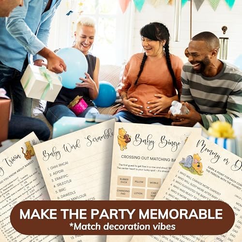 WOODAMORE Winnie Baby Shower Games Boy - Pooh Baby Shower Bingo Cards for 25 Guests, Word Scramble Favors, Guess Who Mommy Or Daddy Game Ideas for Party Decorations (Pack of 2) - Image 6