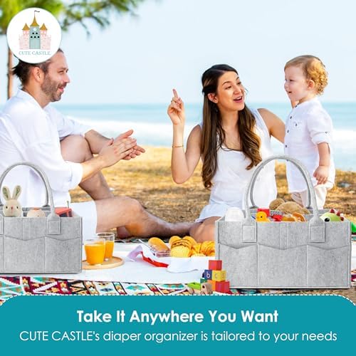 Cute Castle 2 Pack Diaper Caddy Organizer - Portable Baby Caddy Organizer with Handle, Nursery Storage Bin and Car Organizer for Girls, Boys - Baby Gift Basket - Grey, Large - Image 5