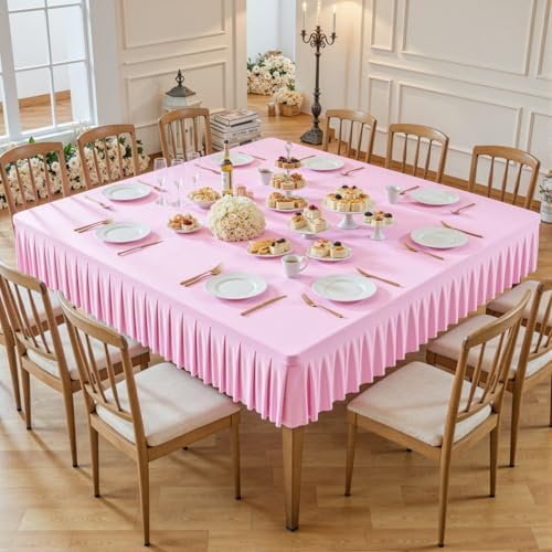 Wish Care Pink Spandex Tablecloths for 60x60 Inch Square Tables, Stretch Fitted Table Clothes with Pleated Ruffle Skirt for 60” Table, Wrinkle Free and Elastic, for Party Kitchen Home Dining by WishCare
