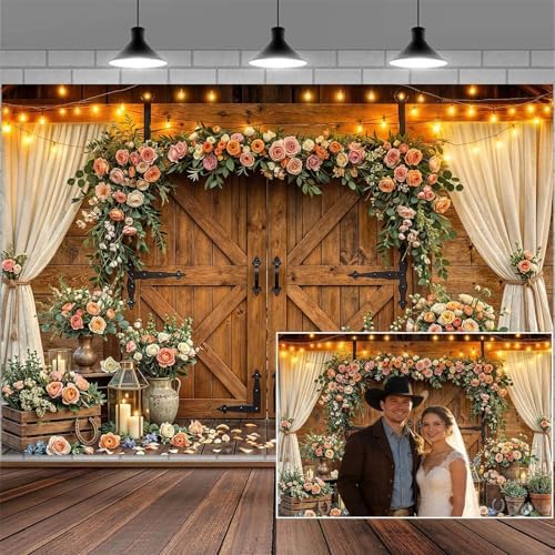 15x10ft Western Wedding Backdrop Rustic Barn Door Photography Backdrop Farmhouse Pink Flower Cabin Wooden Birthday Baby Shower Country Anniversary Bridal Party Banner Photo Booth Props Background by Mtsxfy
