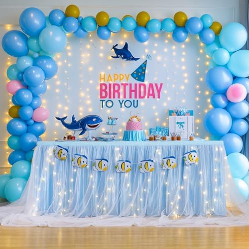 PARTISKY Blue Tulle Tutu Table Skirt for Rectangle Tables or Round Table,Led Light String Table Cloth for Boys Girls Baby Shower Baby Shark Themed Party Dessert/Cake Tables - Image 2