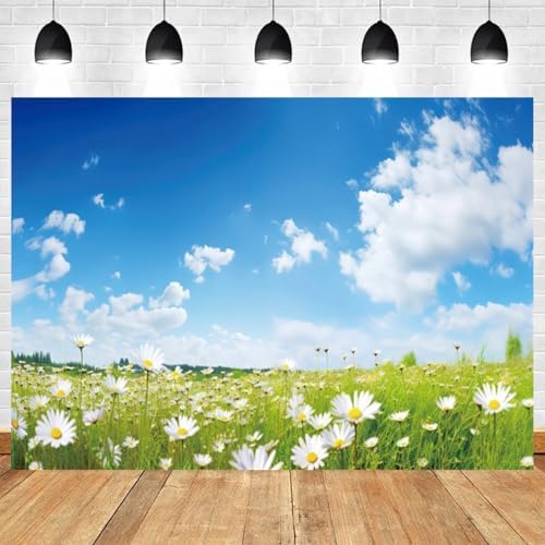 10x5ft Spring Backdrop Blue Sky Green Grass Photography Background Clouds White Flowers Natural Scenery Wedding Banner Decorations Kids Adults Birthday Baby Shower Portrait Photo Booth Prop - Image 2