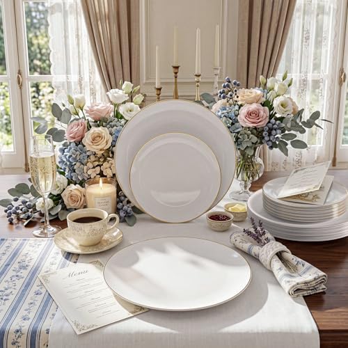 KIRE 60PCS Gold Plastic Plates - Heavy Duty White Disposable Plates with Gold Rim - Include 30Pieces 10.25inch Dinner Plate and 30Pcs 7.5inch Dessert Plate for Wedding/Spring/Graduation/Party - Image 5