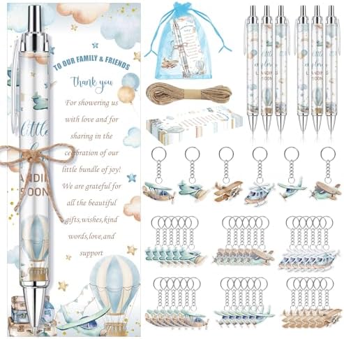 289 Pieces Airplane Baby Shower Favors for Guest Little Explorer Landing Soon Ballpoint Pens and Keychains Gifts Bulk Retractable Baby Shower Pens Gender Reveal Thank You Cards Souvenirs Prizes by EYNDYN