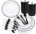 WELLIFE 350Pcs Black Plastic Dinnerware with Pre Rolled Napkins, Include:50 Dinner Plates, 50 Dessert Plates, 50 Paper Napkins, 50 Cups, 150 Plastic Cutlery by WELLIFE