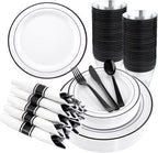 WELLIFE 350Pcs Black Plastic Dinnerware with Pre Rolled Napkins, Include:50 Dinner Plates, 50 Dessert Plates, 50 Paper Napkins, 50 Cups, 150 Plastic Cutlery by WELLIFE