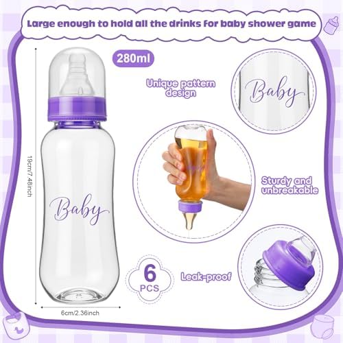 6 Sets Bottle Chug Baby Shower Games Juegos Para Plastic Baby Bottles Bibs Disposable Diapers Gender Reveal Games Baby Changing Diaper Race Game Decoration (Purple) - Image 2