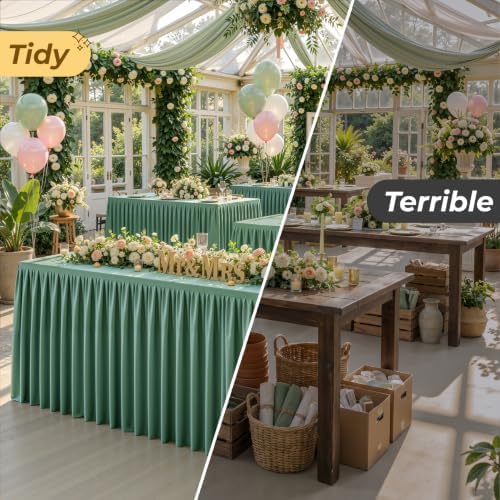 Sage Green Polyester Table Cloths for Rectangle 6 Foot Tables, 2 Pack Wrinkle Free Tablecloths Stretchy Banquet Ruffle Fitted Table Cover Desk Skirt for Parties Wedding Birthday Baby Shower - Image 6