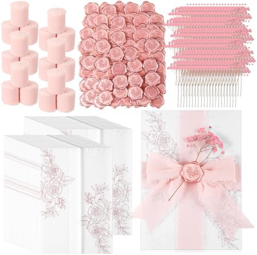 Fullhawl 100 Sets Wedding Invitations Wraps Set Pre Folded Vellum Jackets for 5 x 7 Invitations Dried Flowers Wax Seal Stickers Chiffon Silk Ribbon for Wedding Birthday Bridal Shower Craft DIY (Pink) by Fullhawl