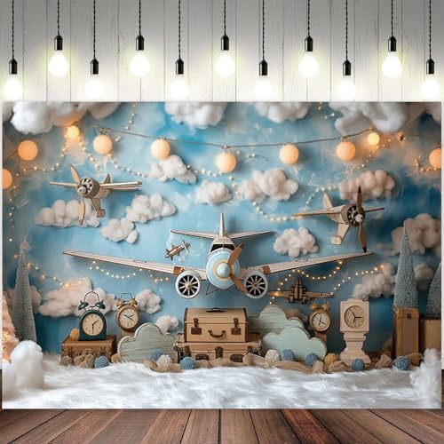 12x8ft Vintage Airplane Photography Backdrop Blue Sky White Clouds Retro Aircraft Theme Background for Newborn Baby Shower Banner Boys Birthday Party Photoshoot Studio Photo Booth Props - Image 2