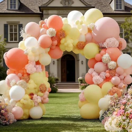 Pink Yellow Peach Balloons with Hydrangea Artificial Flowers, Double Stuffed Pastel Pink Coral White Ivory Balloon Arch for Wildflower Baby Shower Birthday Bridal Shower Easter Tea Party Decor by doublestuffed