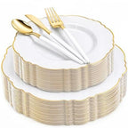 WDF 30Guest Gold Plastic Plates - High-end Baroque Design - 10.25&7.5in Wedding White and Gold Plates Disposable for Birthday/Baby Shower/Wedding/Party by WDF