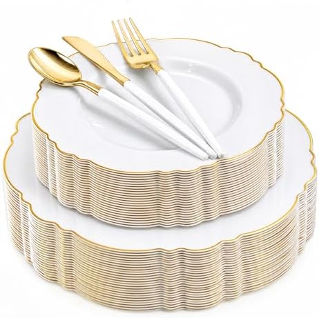 WDF 30Guest Gold Plastic Plates - High-end Baroque Design - 10.25&7.5in Wedding White and Gold Plates Disposable for Birthday/Baby Shower/Wedding/Party by WDF